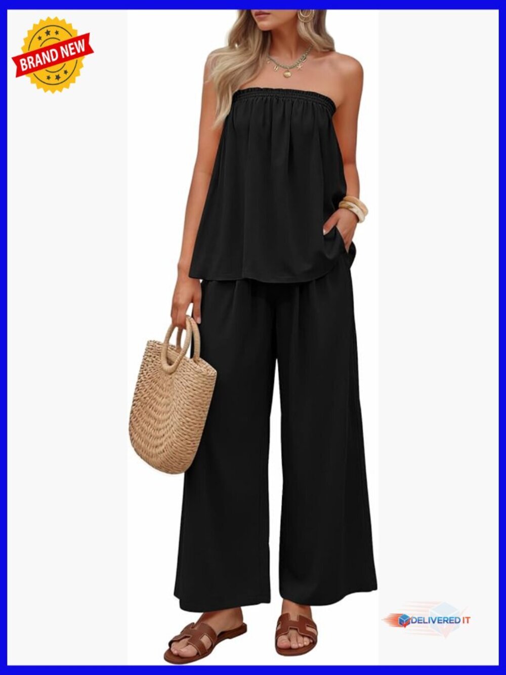 Women's 2 Piece Strapless Tube Top Wide Leg Pants Set Summer Vacation